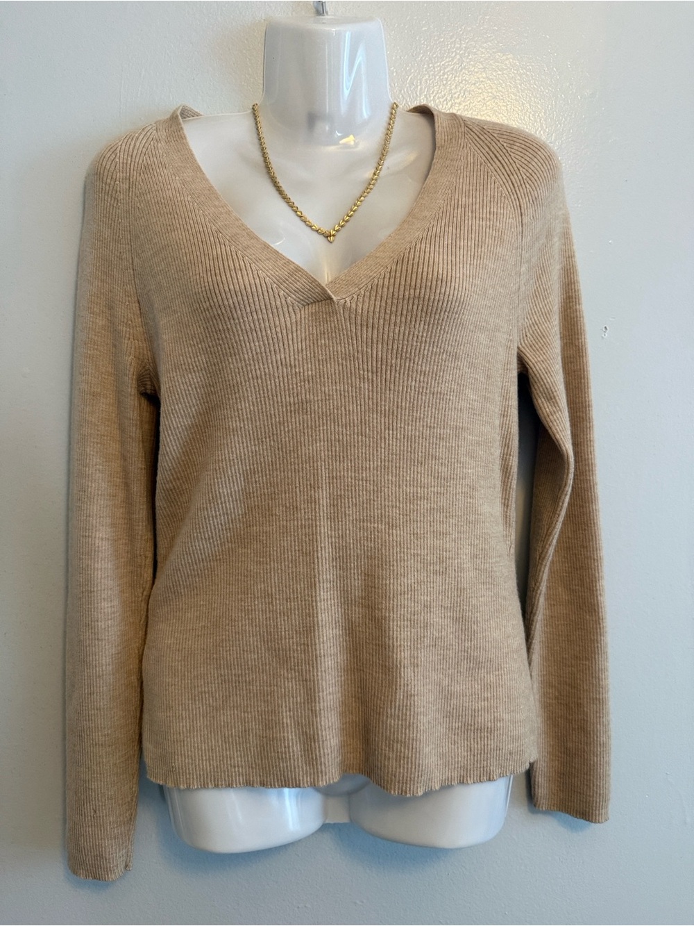 Ann Taylor Beige Ribbed V-Neck Sweater
